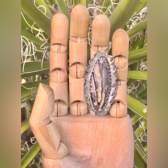 Handcrafted Southwestern Silver Inlaid Stick Agate Ring - Picture 3 of 14